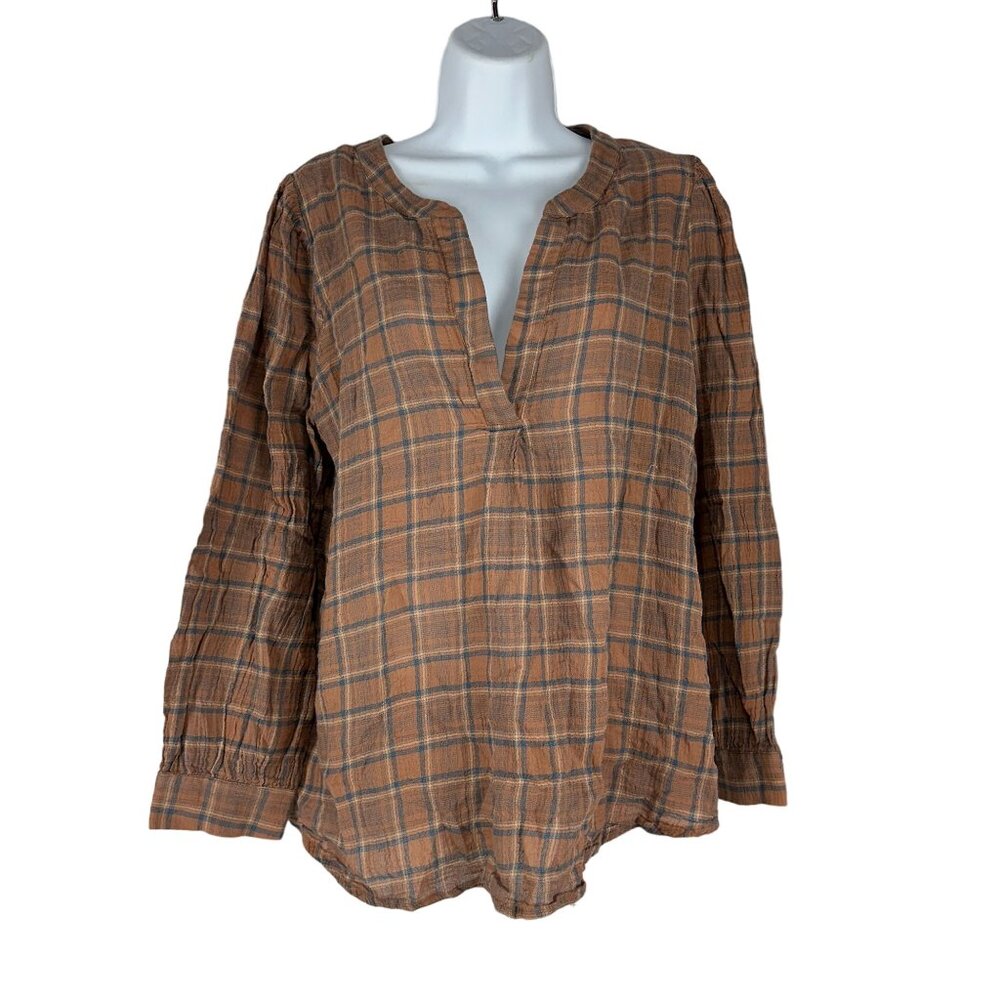 Jodifl Womens V Neck Blouse Size L Loose Fit Brown Checkered Plaid Long Sleeve